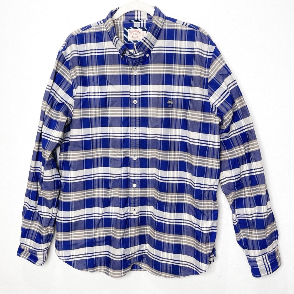 Brooks Brothers Supima Cotton Shirt Navy Blue Plaid Embroidered Golden Fleece